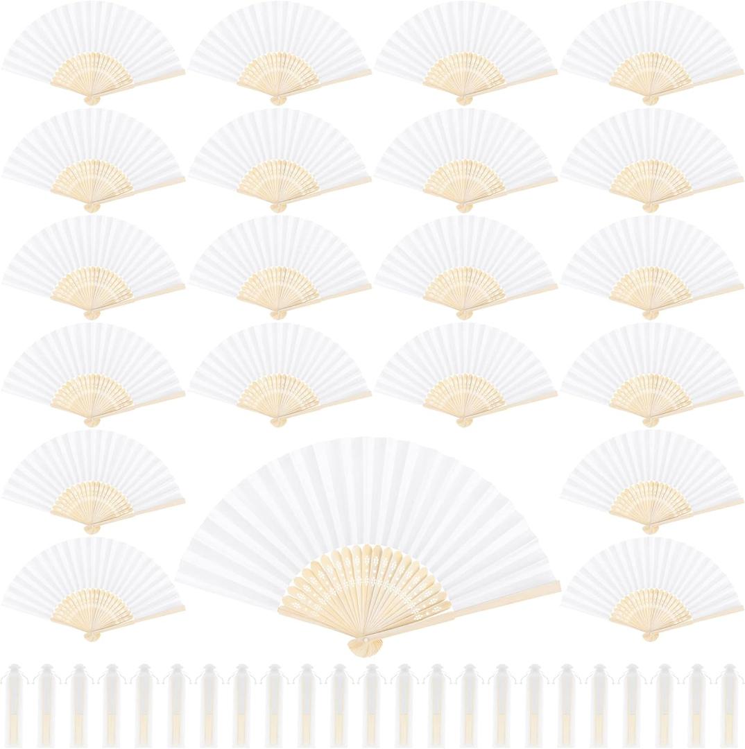 Aodaer 72 Pieces Silk Folding Fans with Fabric Sleeve Bamboo Folded Fans Handheld Folding Fans Decoration Fans for Wedding, Bridal Shower, Home Decoration, White