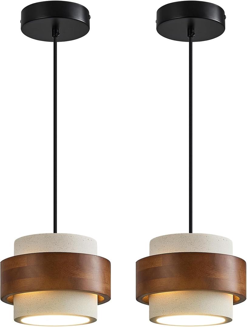 Modern Cement Pendant Light Fixture,White Concrete Pendant Lights with Wood Accent,Vintage Farmhouse Chandelier for Kitchen Island Dining Room Living Room Bedroom Cafe(White 2-Pack 7.87in)