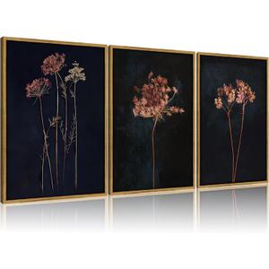 Framed 3Pcs Vintage Wall Art Prints Retro Moody Floral Botanical Canvas Painting Farmhouse Decor Black Dark Flower Picture Poster for Bedroom Living Room 16x24 Inches, Botanical Flowers