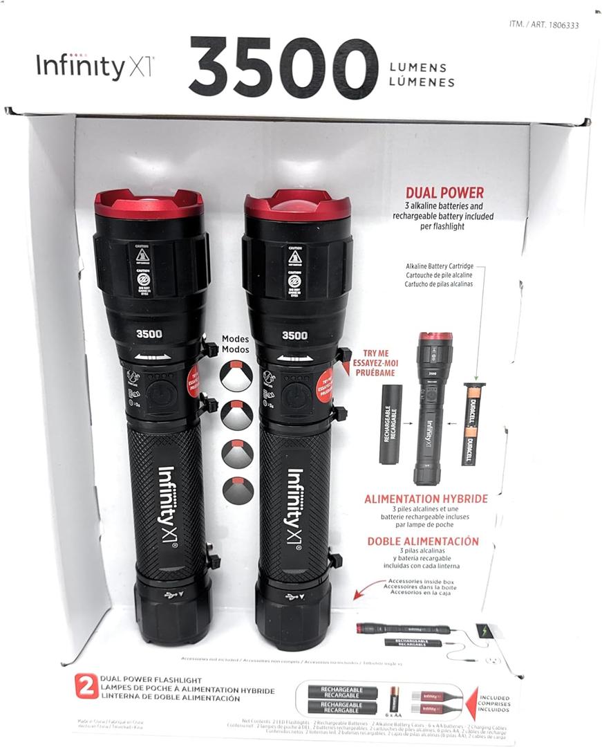 Infinity X1 3500 Lumen Dual Power Flashlight 2-Pack  High-Performance LED, Rechargeable or Alkaline Powered, 4 Light Modes, USB-C Charging, Includes Batteries and Cables