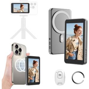 Vlog Selfie Monitor Screen for iPhone & Android, Audio Sync Built-in Speaker, Wireless Magnetic Phone Back Camera Monitor with Remote Control for Selfie Vlog Live Stream TikTok (Grey)