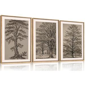 HOURIA Vintage Tree Sketch Framed Canvas Wall Art Set,Natural Brown and Gray Woodland Wall Decor,Mid Century Nature Forest Artwork,Textured Botanical Art Print for Living Room,Bedroom,Office-16"x24"x3