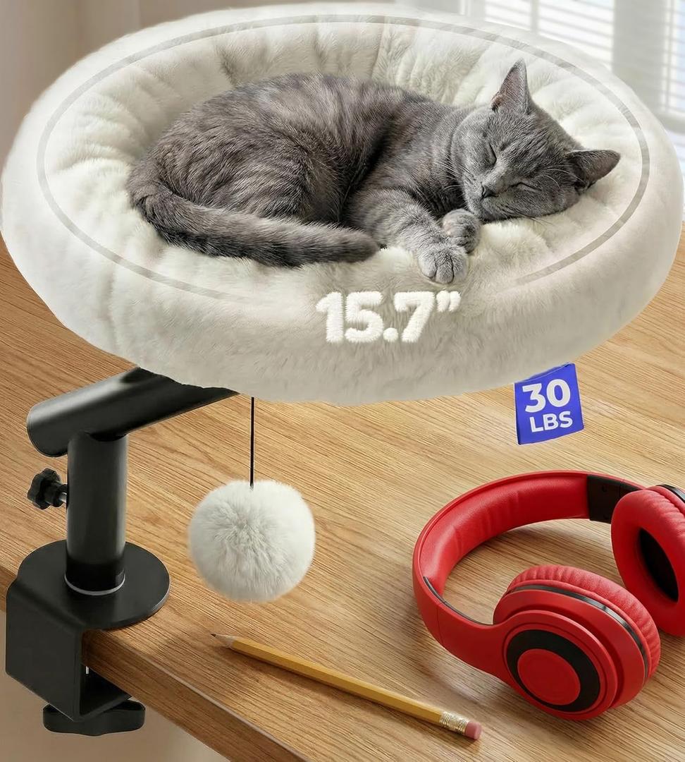PetLovers Cat Desk Bed - Plush Elevated Desk Bed Attachment with Removable Washable Cushion, 360 Swivel Arm, Secure Clamp - Keeps Your Cat Close While You Work or Play