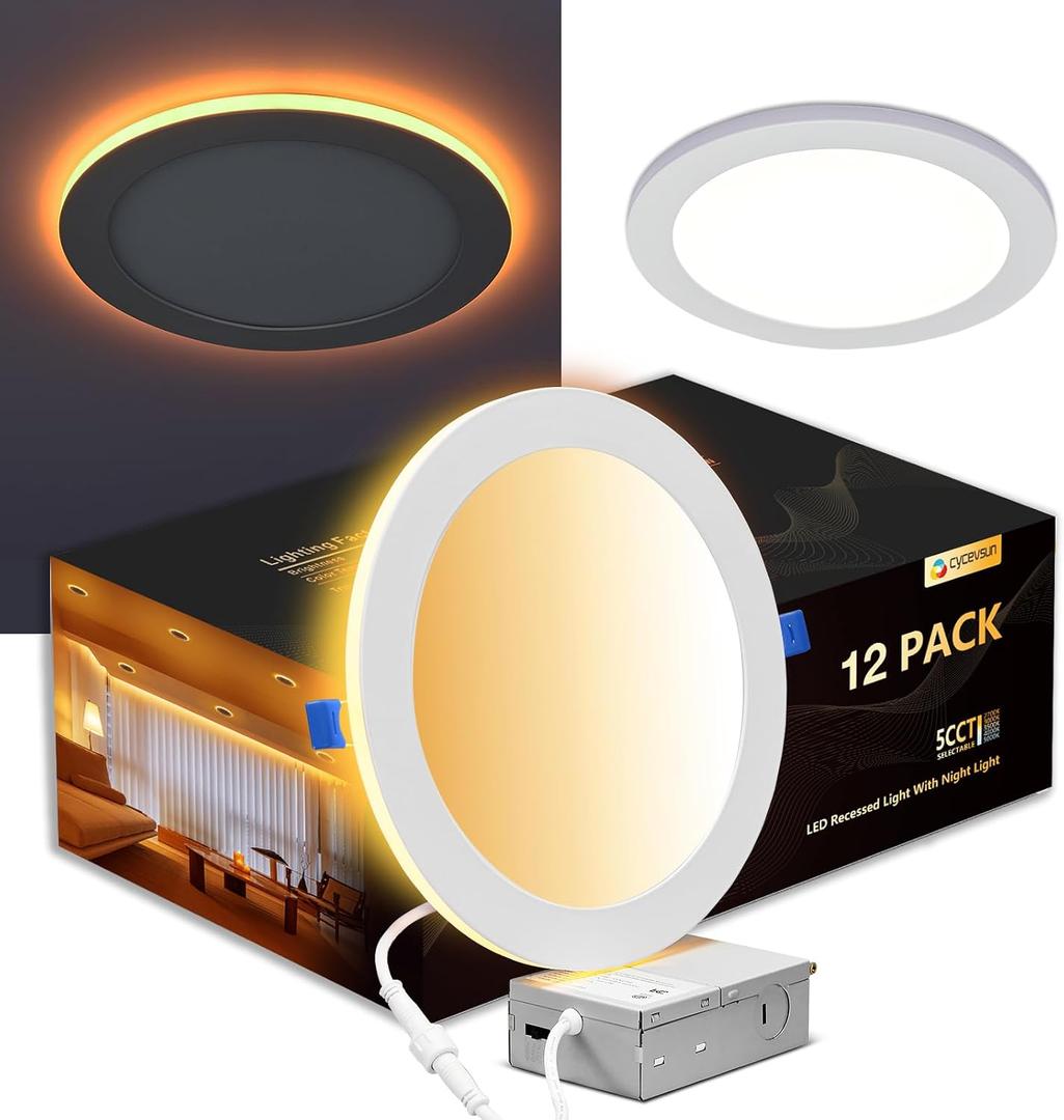 CycevSun 12 Pack 8 Inch LED Recessed Lighting with Night Light, 120-277V