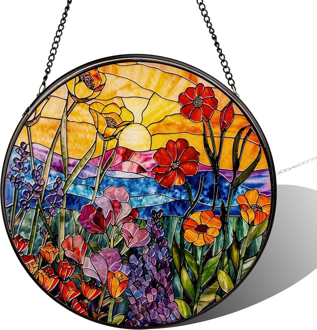 Stained Glass Sun Catcher, Wild Flowers Stained Glass Window Hanging Garden Decor, Sun Catchers Indoor Window, Whimsical Decoration for Home Backyard Patio Lawn Porch with 9.8 Inch