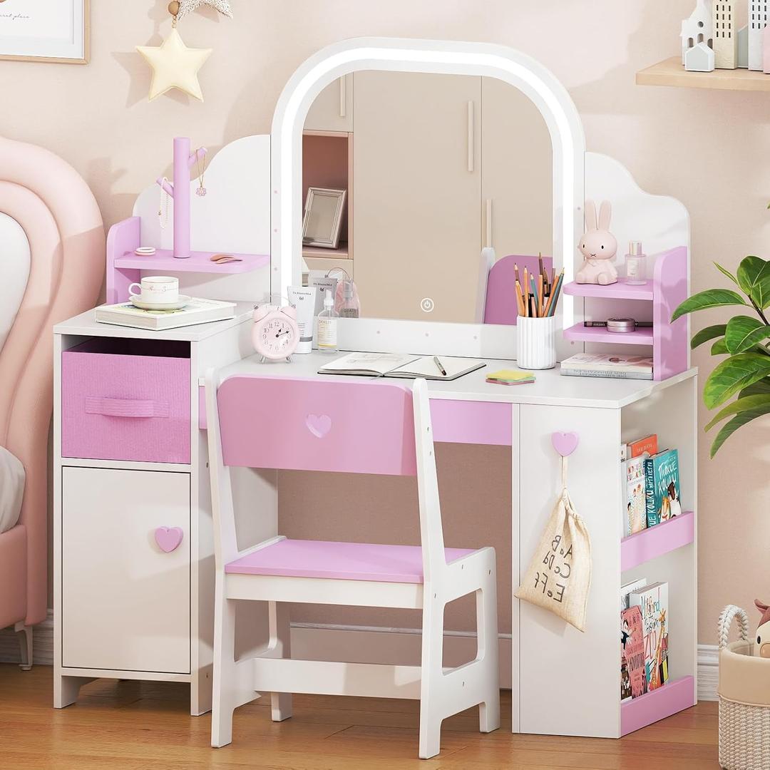 Kids Vanity with Lights and Chair, Princess Makeup Vanity Desk with Mirror Bookshelf Storage Cabinet,3 in 1 Toddler Vanity Table, Children Makeup Dressing Table,Pretend Play Vanity Set for Little Girl