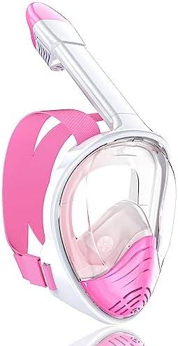 QingSong Full Face Snorkel Mask for Adults, Snorkeling Gear with Camera Mount, 180 Degree Panoramic View Snorkel Set Anti-Fog Anti-Leak (Large-X-Large, White Pink)