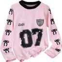 RoseSeek Girl's Jersey Bowknot Graphic Number Print Tees Long Sleeve Crew Neck Shirts Cute Tee Tops Streetwear Pink 12Y
