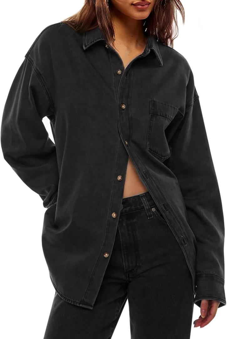 Cicy Bell Womens Oversized Denim Shirt Jean Jacket 2026 Spring Fashion Button Down Shirts Long Sleeve Tops Trendy Shackets (Black, L)
