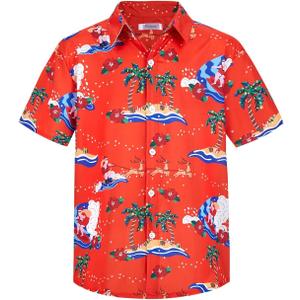 Yoimira Boys Christmas Shirt,Ugly Tropical Hawaiian Shirts for Kids Button Down Vacation Party Short Sleeve 7-14 Years