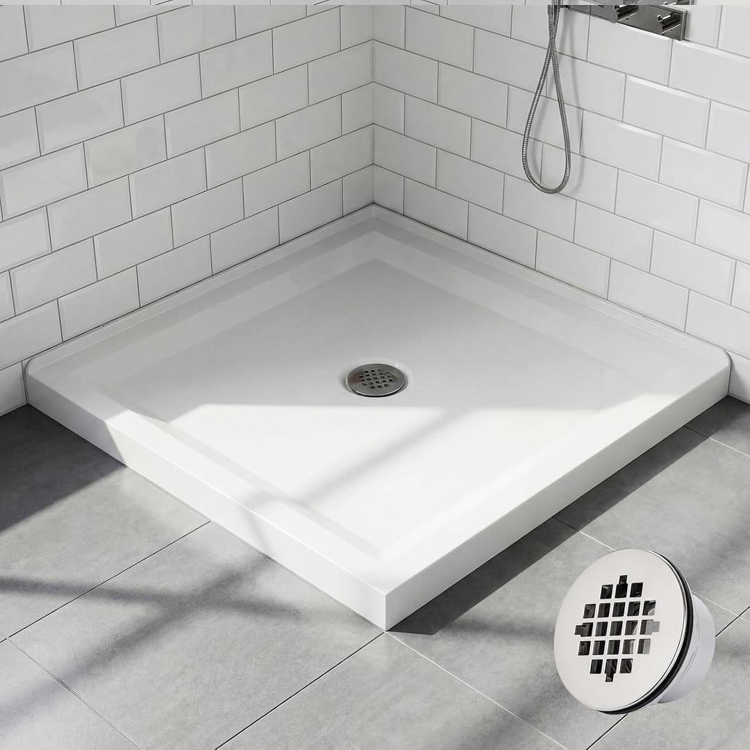 BreezeHug 36" x 36" Shower Base with Double Threshold and Center Drain Acrylic ABS Non Slip Shower Pan Base in White for Bathroom, 3.35 Inch Drain Outlet