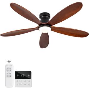 48 Inch Ceiling Fans with Lights and Remote, Low Profile Flush Mount Modern Wood Ceiling Fan with Light, 5 Blades, Dimmable, Wall Switch, 6 Speed DC Motor