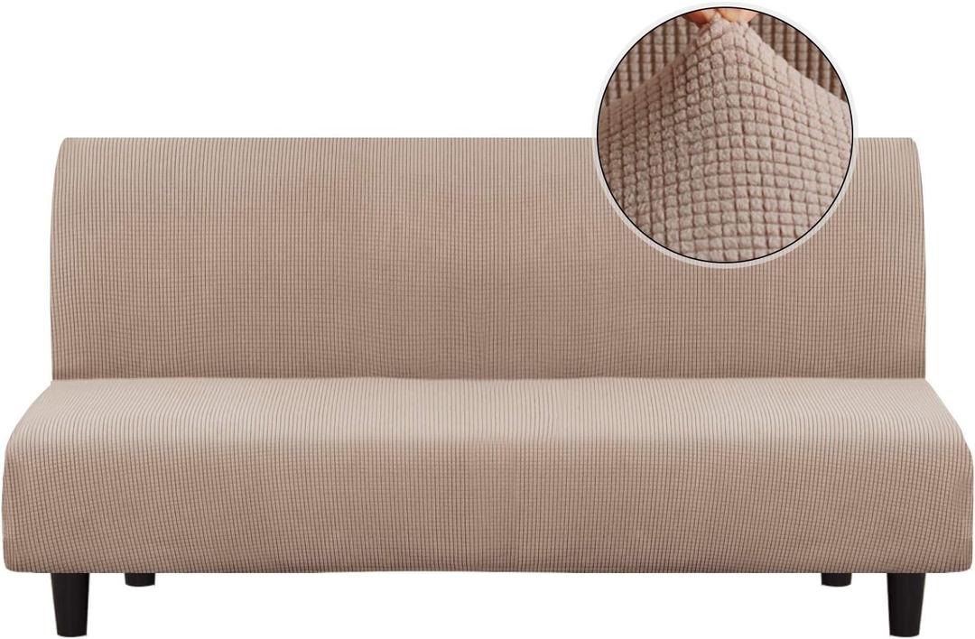 Turquoize Stretch Futon Cover Armless Sofa Cover Sofa Bed Slipcover Futon Couch Cover Furniture Protector with Elastic Bottom Feature Thick Soft Checked Jacquard Fabric, Sand (Khaki)