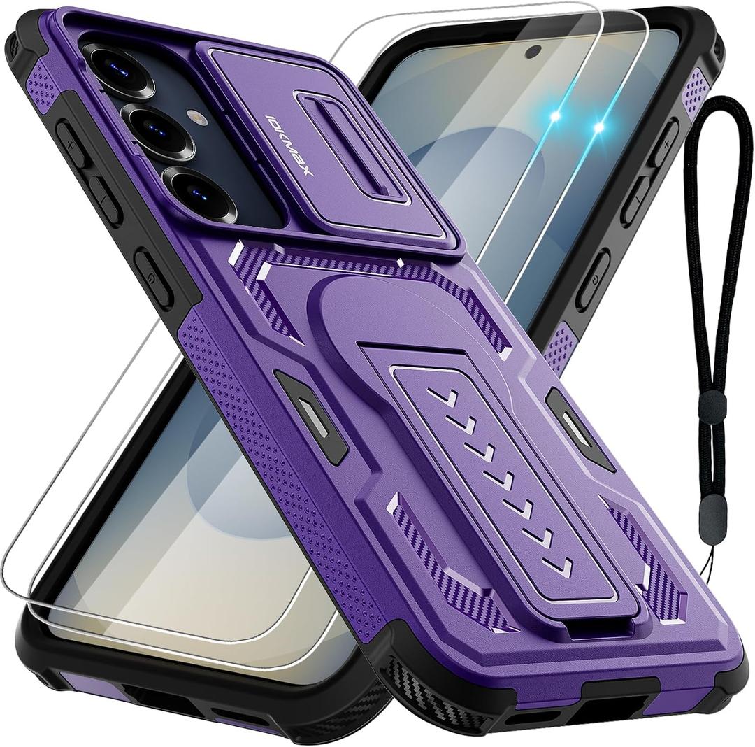 Case for Samsung Galaxy S25/S24 with 2*Screen Protector, Slide Camera Cover, Kickstand, Lanyard Strap, Dual Layer Rugged Non-Slip, Purple