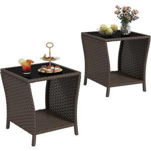 kinbor Outdoor Wicker Side Table - Set of 2 Tempered Glass Top Small Outdoor Table with Storage Shelf for Patio, Balcony & Porch, Durable PE Rattan & Iron Frame