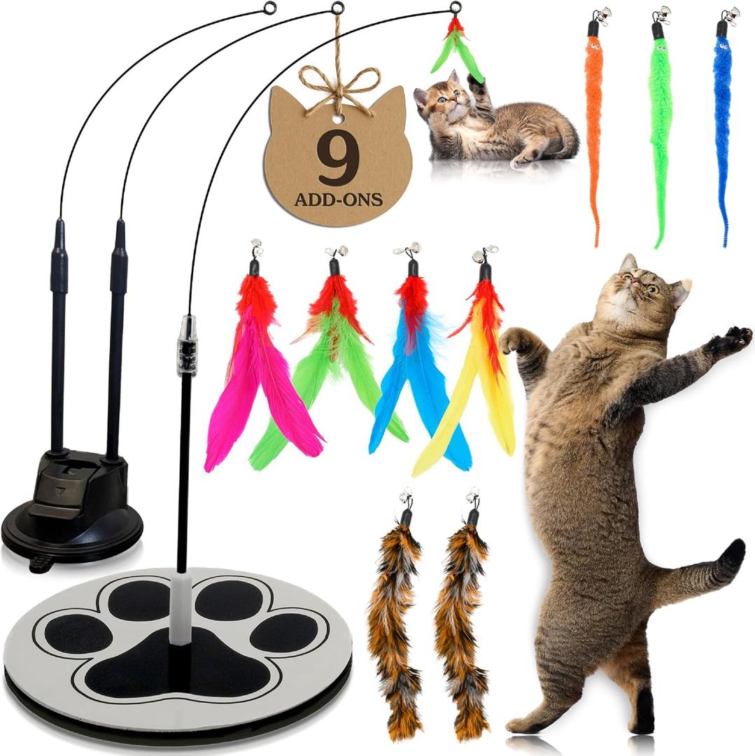 2 x Interactive Cat Toys for Indoor Cats - 6 Feathers 3 Worms Double Sided Suction Cup - Round Base Teaser Wand - Self Play Bird Hunting - Bored Adult Feline Solo Activity - Kitten Juguetes para Gatos