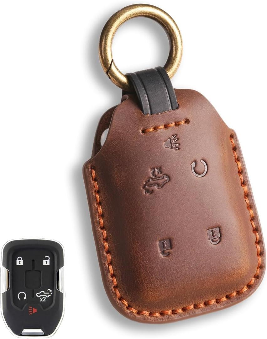 for Chevy Key Fob Cover Compatible with Silverado 1500 2500HD 3500HD Suburban Sonic GMC Canyon Sierra 1500 2500 HD 3500 HD 5 Button Smart Leather Car Key Case Shell Chain Accessories/Brown