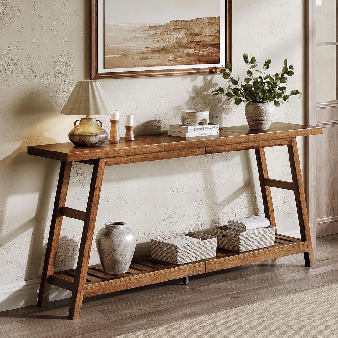 ChooChoo 70.9 Inch Long Console Tables for Entryway, Wood 2-Tier Entry Hallway Table, Narrow Sofa Table Behind Couch Table for Living Room, Entrance, Walnut, 70.9 inches x 11.8 inches x 31.5 inches