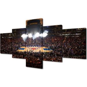 TUMOVO New York Decor American Basketball Stadium Pictures Sports Paintings 5 Panel Canvas Wall Art Madison Square Garden Artwok Home Decor for Living Room Giclee Framed Ready to Hang, 50" Wx24 H
