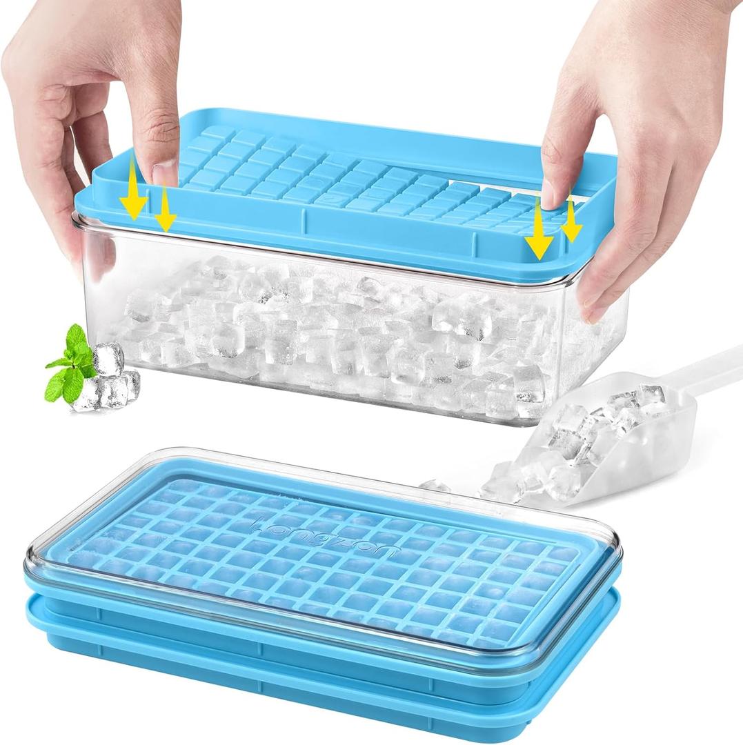 Longzon Mini Ice Cube Tray with Lid and Bin, 273 Pcs Small Ice Cube Trays for Freezer, Ice Cube Mold Spill-Resistant Removable Lid&Ice Scoop, Ice Mold for Whiskey Cocktail, Tea,Coffee- Blue