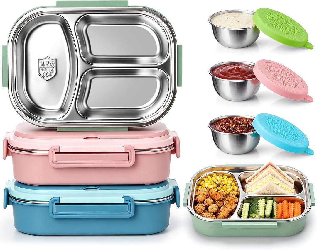 FoldTier 3 Pack Stainless Steel Lunch Boxes Includes 3 Lidded Condiment Cups, 3 Compartment Bento Box Set, Leakproof Lunch Container, Freezer & Dishwasher Safe for Work, Office, Picnic, Travel