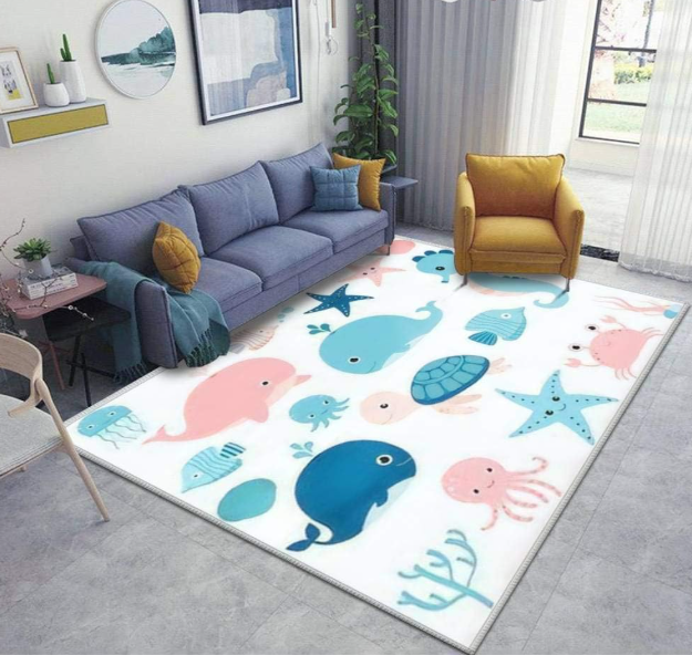 Cepere Cute Vector Ocean Set with sea Creatures for Girls and Boys Summer Area Rugs Floor Mat Non Slip Throw Rugs Soft Door Mat Nursery Carpet for Living Room Home Indoor Outdoor Runner Rugs Yoga Mat, 
47x63inch(120x160cm)