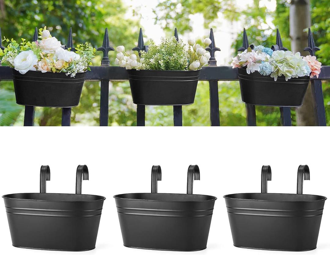 Dahey 10.5 Inch Metal Iron Hanging Flower Pots for Railing Fence Hanging Bucket Pots Countryside Style Window Flower Plant Holder with Detachable Hooks Home Decor,Black,3 Pcs