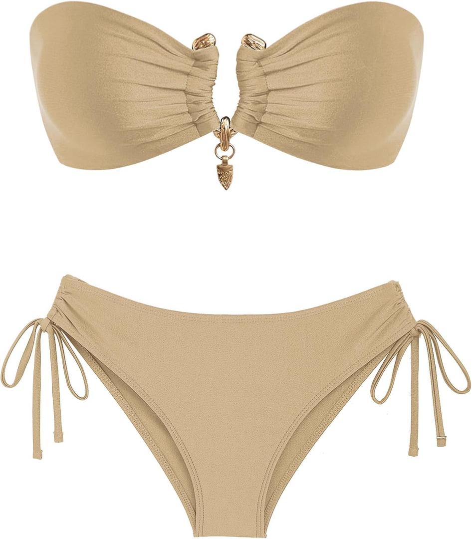 Swim Suits for Women 2025 Sexy Cutout Metal Ring Strapless Bikini Set Padded Open Back Tie Side Thong Bathing Suits (XS)