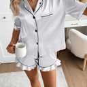 CHYRII Womens Satin Pajamas Sets Short Sleeve Ruffled Loungewear 2 Piece PJ Sets with Magnetic Diffuser White L