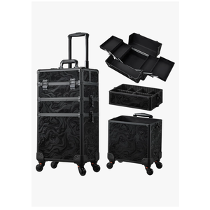 FRENESSA 3 in 1 Rolling Makeup Train Case Professional Cosmetic Trolley Large Storage with Keys Swivel Wheels Salon Barber Case Traveling Cart Trunk for Make Up Hairstylists Nail Tech, Alpine Black