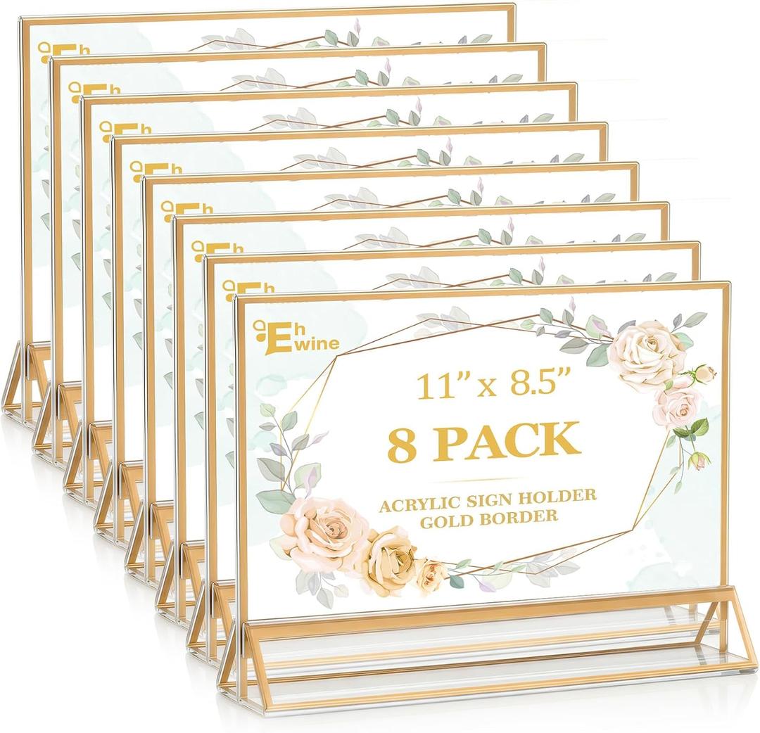 EHWINE 8 Pack Acrylic Sign Holder 8.5 x 11 Horizontal, Double-Sided Stand up Table Top Sign Holders, Gold Acrylic Picture Frame Menu Flyer Paper Holder Display Stand for Office Business Store Wedding Party