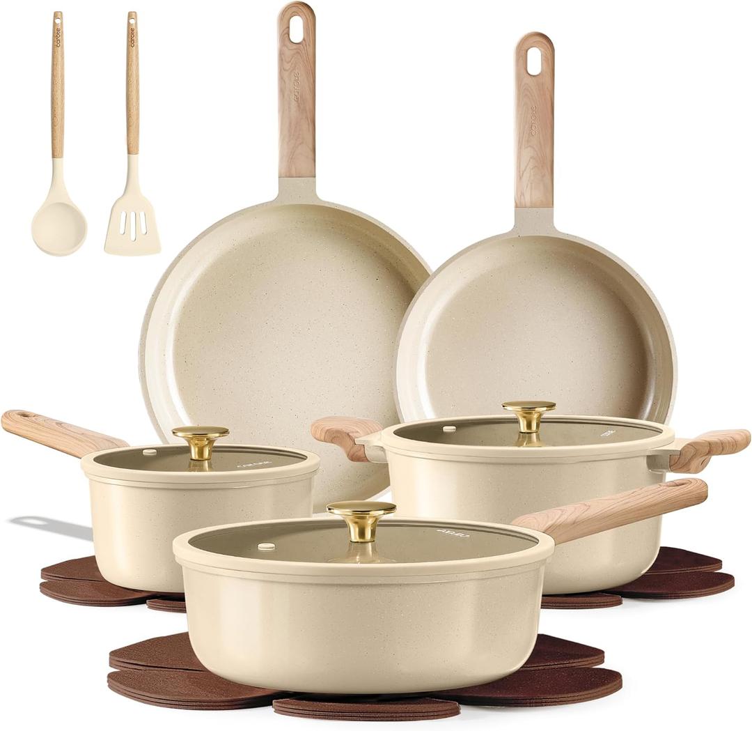 CAROTE 14Pcs Pots and Pans Set Non stick, Ceramic Cookware Set, Non-toxic Kitchen Cooking Set, PFAS and PFOA Free (Oatmeal)