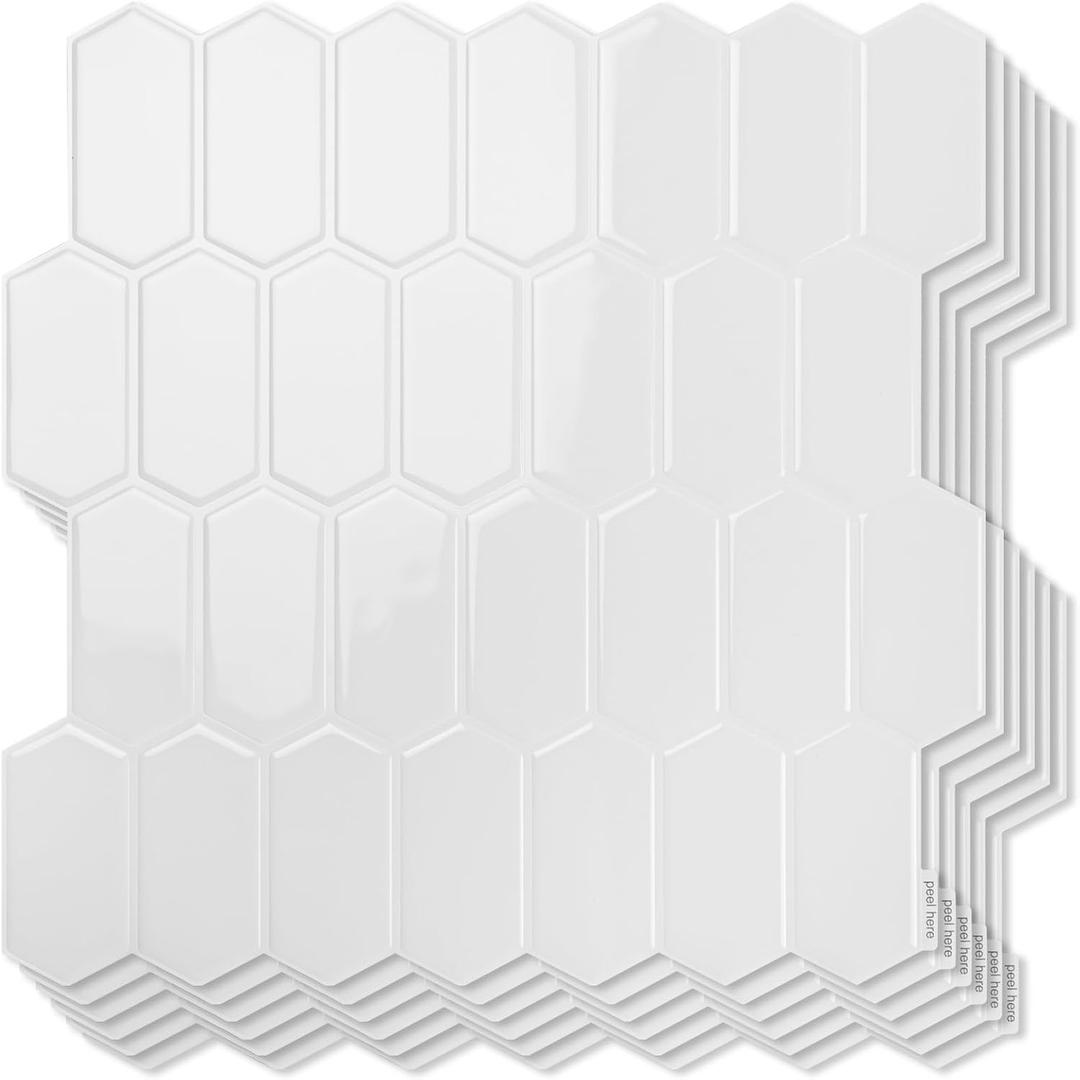 Art3d 10-Sheet Heavy-Duty Peel and Stick Backsplash, Self-Adhesive Vinyl Wall Tiles for Kitchen Countertop Bathroom, White (12 x 12 Inch)