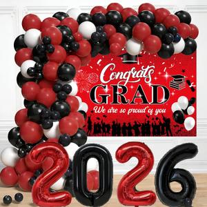 Red and Black Graduation Party Decorations 2026 - Graduation Balloon Arch Kit With Red Black Graduation Balloons, Congrats Grad Backdrop, 2026 Foil Balloons For High College School Gradua tion Decor