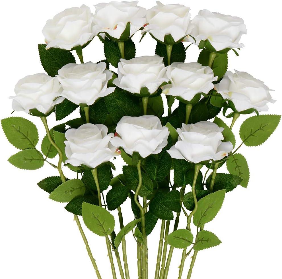 Mocoosy 12 PCS White Rose Artificial Flowers, Fake Roses with Long Stem Realistic Silk Rose Bouquets Wedding Valentines Day Decorations Faux Floral Arrangement Bridal Shower Party Home Table Decor