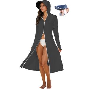 Cromoncent Women's UPF 50+ Swimsuit Cover Up Lightweight SPF Long Sleeve Sun Protection Long Sun Hoodie Dress (Medium, Dark Gray-Removable Lens) Medium