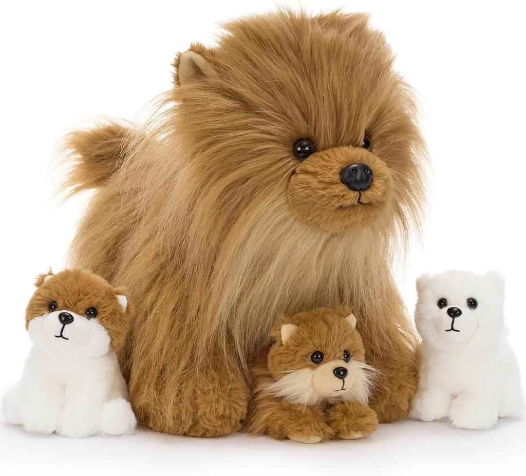 Tezituor Pomeranian Stuffed Animal Plush Toy,13.8" Realistic Dog Plush with 3 Puppies Cute Fluffy Dog Plushie Birthday Party Gift for Boys Girls
