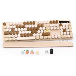 Wireless Keyboard, Round Keycaps, Retro Typewriter Keyboard with Detachable Wrist Rest, Sleep Mode, Foldable Legs, 2.4GHz Full-Size Cordless Computer Keyboard for Windows/PC/Laptop (Latte)