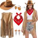Cowgirl Outfits for Women Western Cow Girls Costume Tassel Fringe Vest Cowboy Hat and Accessories Set, L