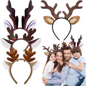 4Pcs Reindeer Antlers HeadbandDark Brown Light Brown Reindeer Headpiece Reindeer Plush Antlers Headband for Christmas Easter Halloween Party