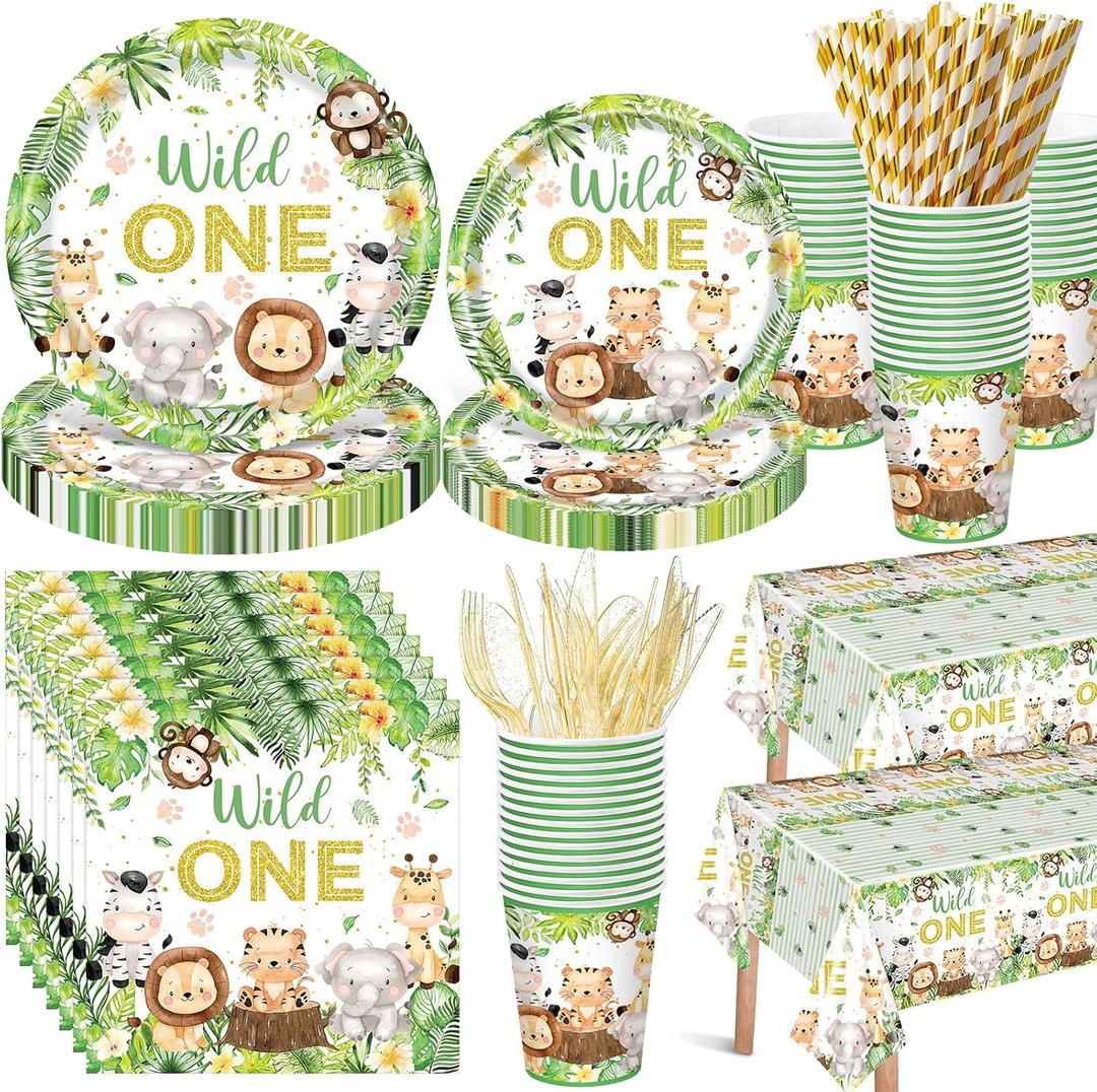 Funnymoom 452 Pcs Wild One Birthday Party Decorations for 50, Safari Jungle Wild One Paper Plates Napkins Cups Tablecloth Cutlery Straws for Boys Kids Woodland Themed First Birthday Party Supplies
