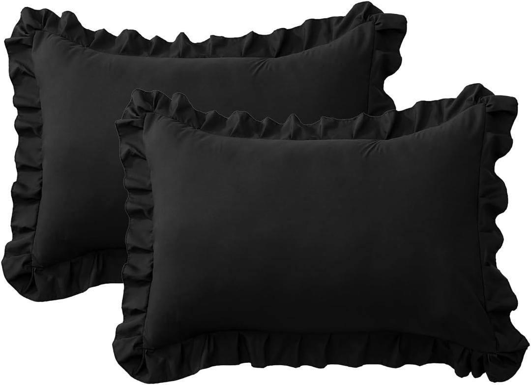 Ruffle Pillow Cases Queen Size Set of 2 Soft Wrinkle Resistant Brushed Microfiber Ruffled Pillowcases Envelope Pillow Shams Cover Festive Gift for Hotels,Guest Rooms 20x30 Inch (Black)