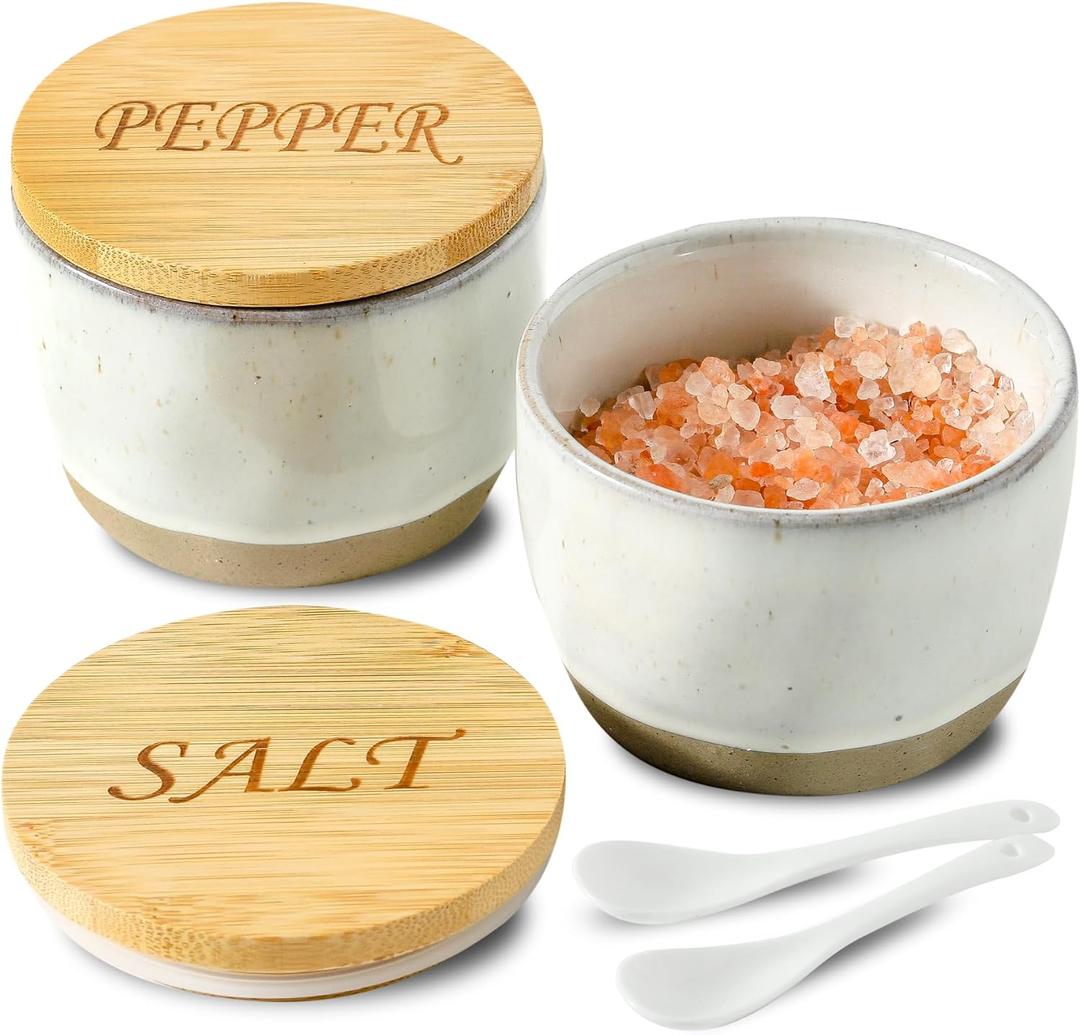 2 Pack Salt and Pepper Bowls Set, Ceramic Salt and Pepper Containers with Visible Airtight Bamboo Lid and Spoon, White Salt Pepper Holder Shakers Set, Salt Cellar Box Dish with Lid (Brown Clay)