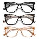 PUBOWT Oversized Reading Glasses for Women Cat Eye Style Blue Light Blocking Computer Readers Ladies Designer Fashion Large Unbreakable Spring Hinge Eyewear PT2005 3Pack +1.25 Strength