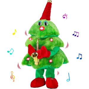 Singing Dancing Christmas Tree Plush Toys with Lights & 8 Music Christmas Carols for Saxophone & Repeat What You Say Christmas Tree Decor Table Party Toy Gifts for Family Friends Kids Boys Girls