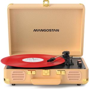 MANGOSTAN Vintage Bluetooth Record Player, 3-Speed Portable Turntable with Built-in Bass Stereo Speakers, Belt-Driven Vinyl Phonograph, Support AUX-in, RCA Line Out & Headphone Jack – Gold