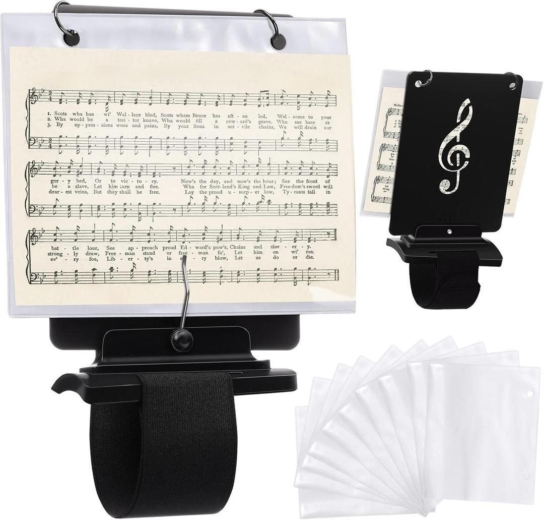 Flute Lyre Flip Folder for Marching Band, 12 Pcs Waterproof 7.5 x 6.5 inches Double Sided Flip Folio Folder Pages with 2 Holes Adjustable Sheet Music Stand Holder for Clarinet Trumpet(White)