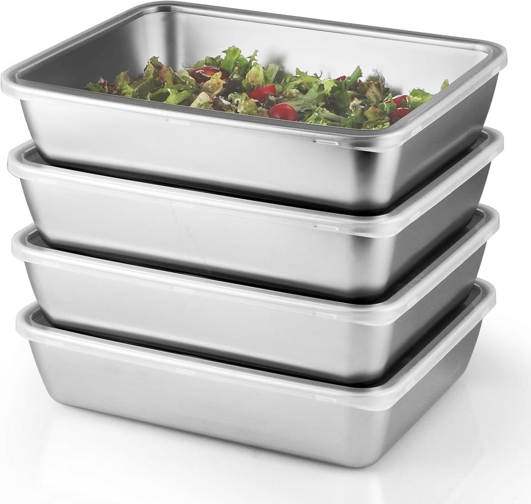 4 Pcs Stainless Steel Food Containers with Clear Lids, Stackable Snack Storage Boxes, Deli Meat Keeper for Refrigerator or Picnic, BBQ Party, Office, Gym Lunch