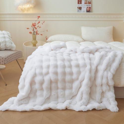 LIFEREVO Luxury Fluffy Faux Rabbit Fur Blanket, Plush Fuzzy Bubble Throw for Couch Sofa, Cozy Comfy Furry Bed Blanket Home Decoration, Aesthetic Shaggy Throw for Bedroom Living Room, 60x90, White