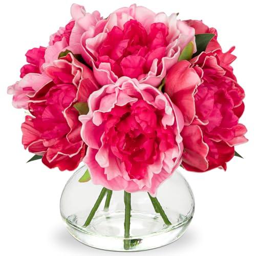 Hollyone Peonies Artificial Flowers with Vase Hot Pink Faux Flowers Peony Fake Flowers Silk Flower Arrangements in Glass Vase with Faux Water for Home Decor Bathroom Table Centerpiece Decorations